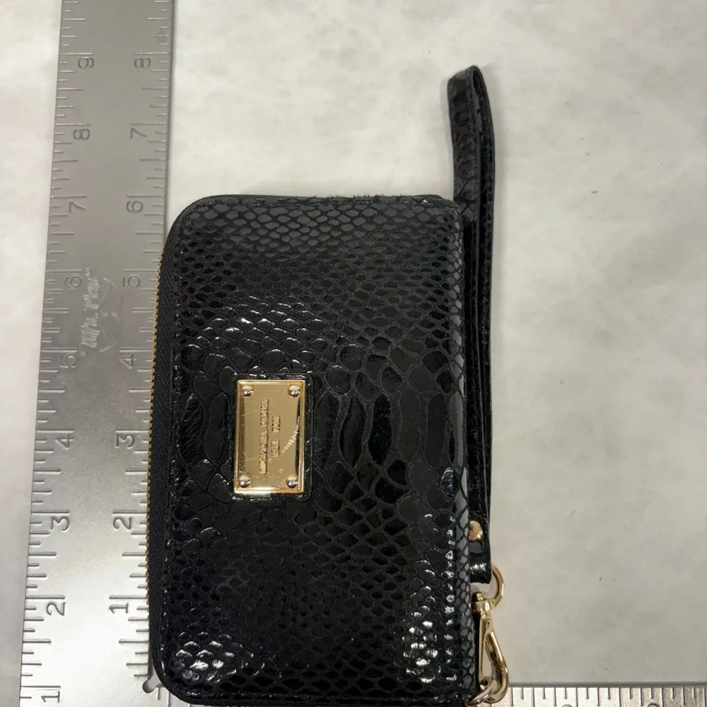 Michael Kors Black Snake-Embossed Wristlet with Gold Plate